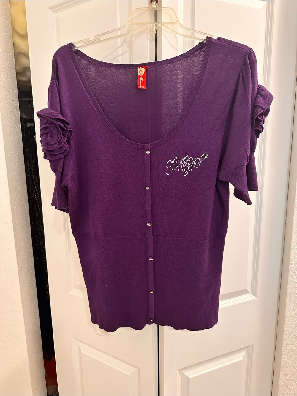 Apple Bottoms Purple Button-Front Top with Rhinestone Logo and Ruffle Sleeves